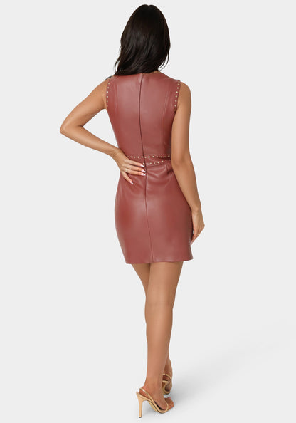 Faux Leather Stud Seam Dress Wine/Bronze - bebe