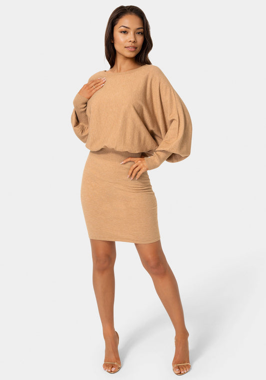 Scoop Neck Blouson Sweater Midi Dress Camel - bebe