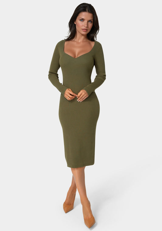 Long Sleeve V-Neck Midi Sweater Dress Olive - bebe