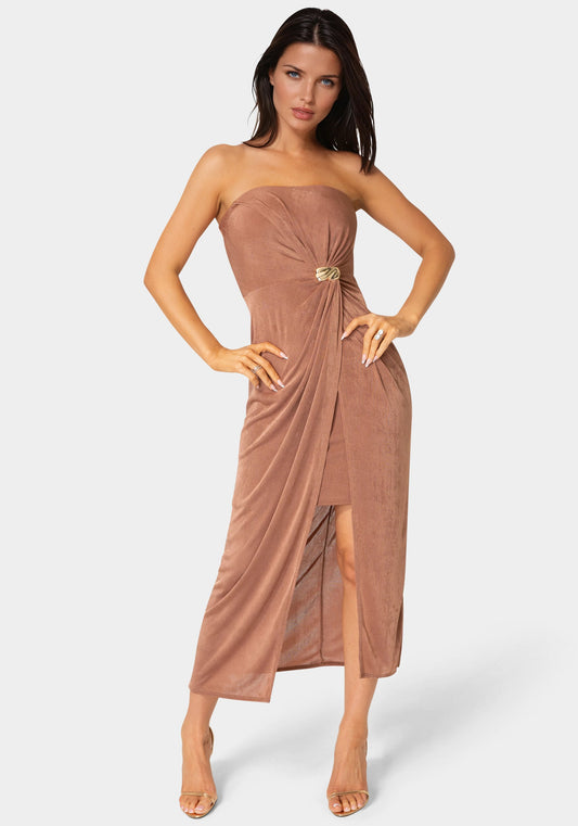 Strapless Twist Waist Maxi Dress Mocha - bebe
