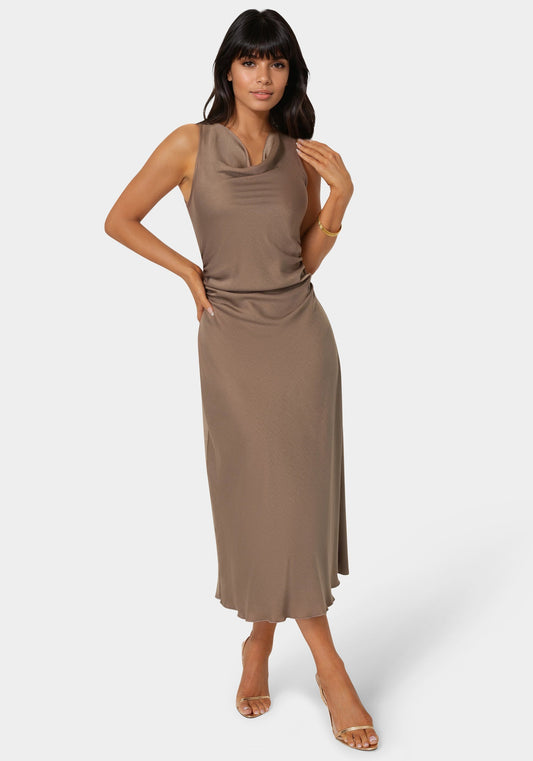 Crepe Satin Cowl Maxi Dress Mocha - bebe