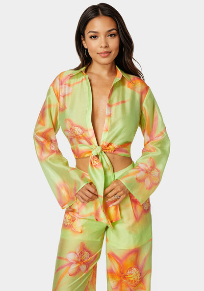 Front Tie Flowy Blouse Orchid Splash Print - bebe Orchid Splash Print - bebe