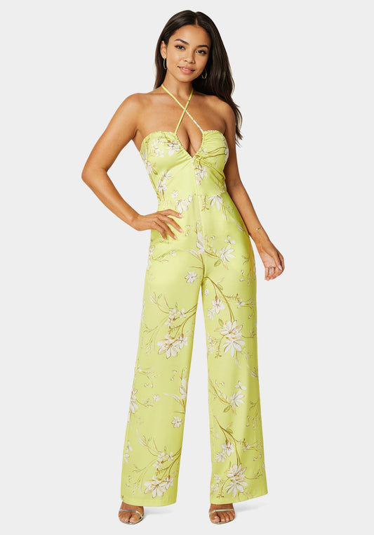 Plunging Cut Out Vneck Jumpsuit Floral Whisper Print - bebe