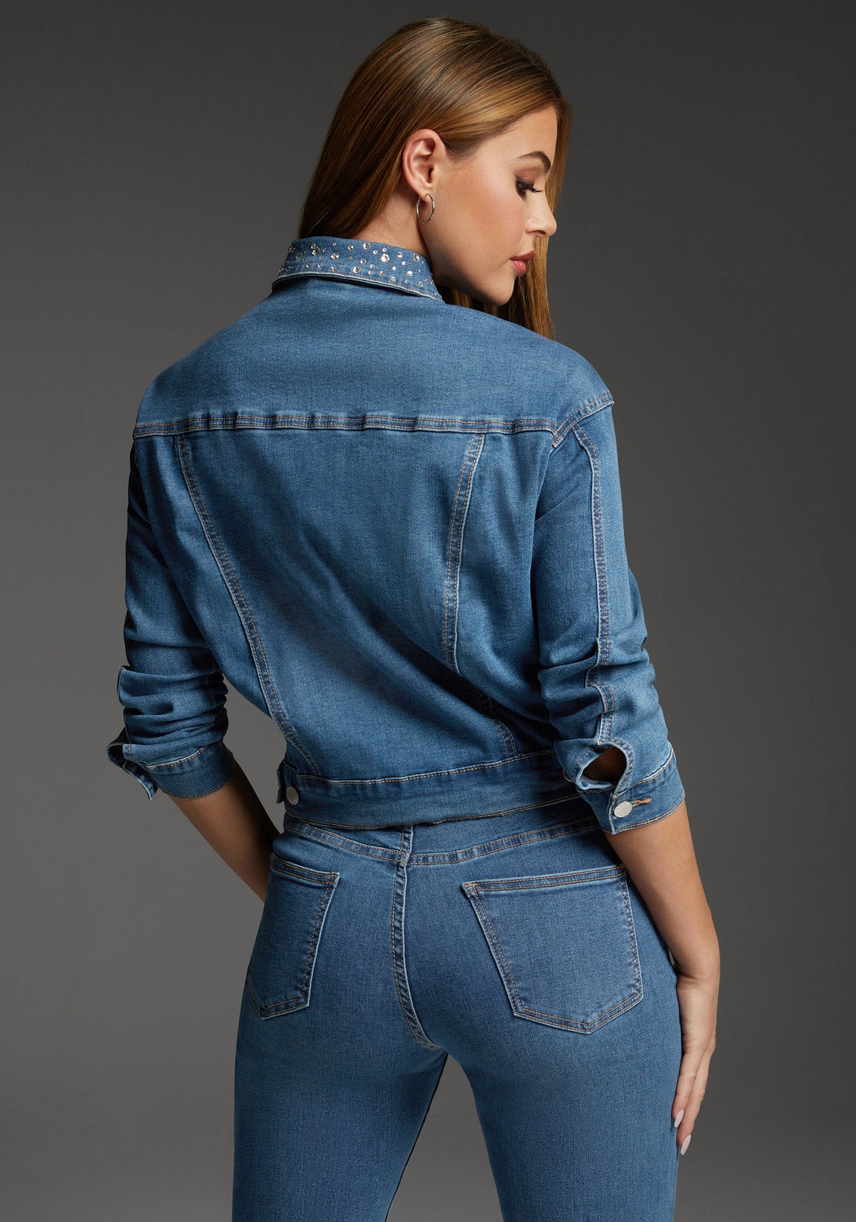 bebe Medium Blue Wash Denim Jacket Embellished With Crystals by Swarovski Medium Blue Wash - bebe