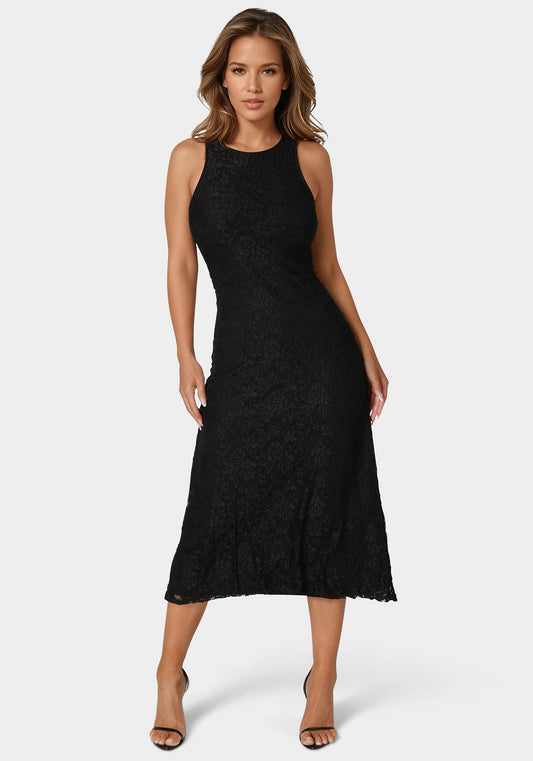 A Line Lace Midi Dress Black - bebe