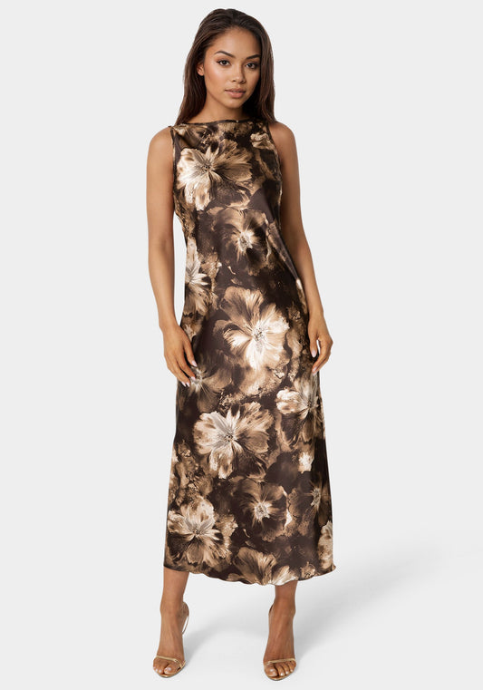 Satin Sleeveless A-Line Maxi Dress Brown/Multi - bebe
