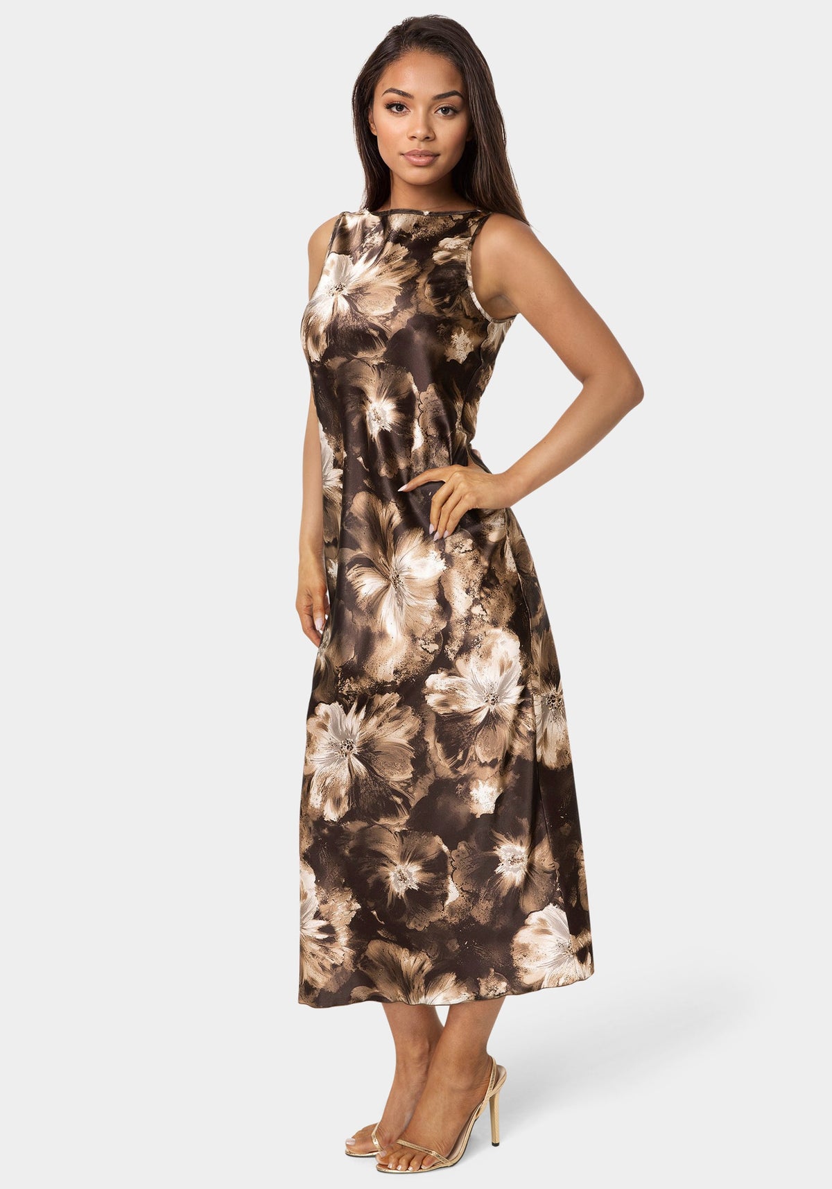 Satin Sleeveless A-Line Maxi Dress Brown/Multi - bebe