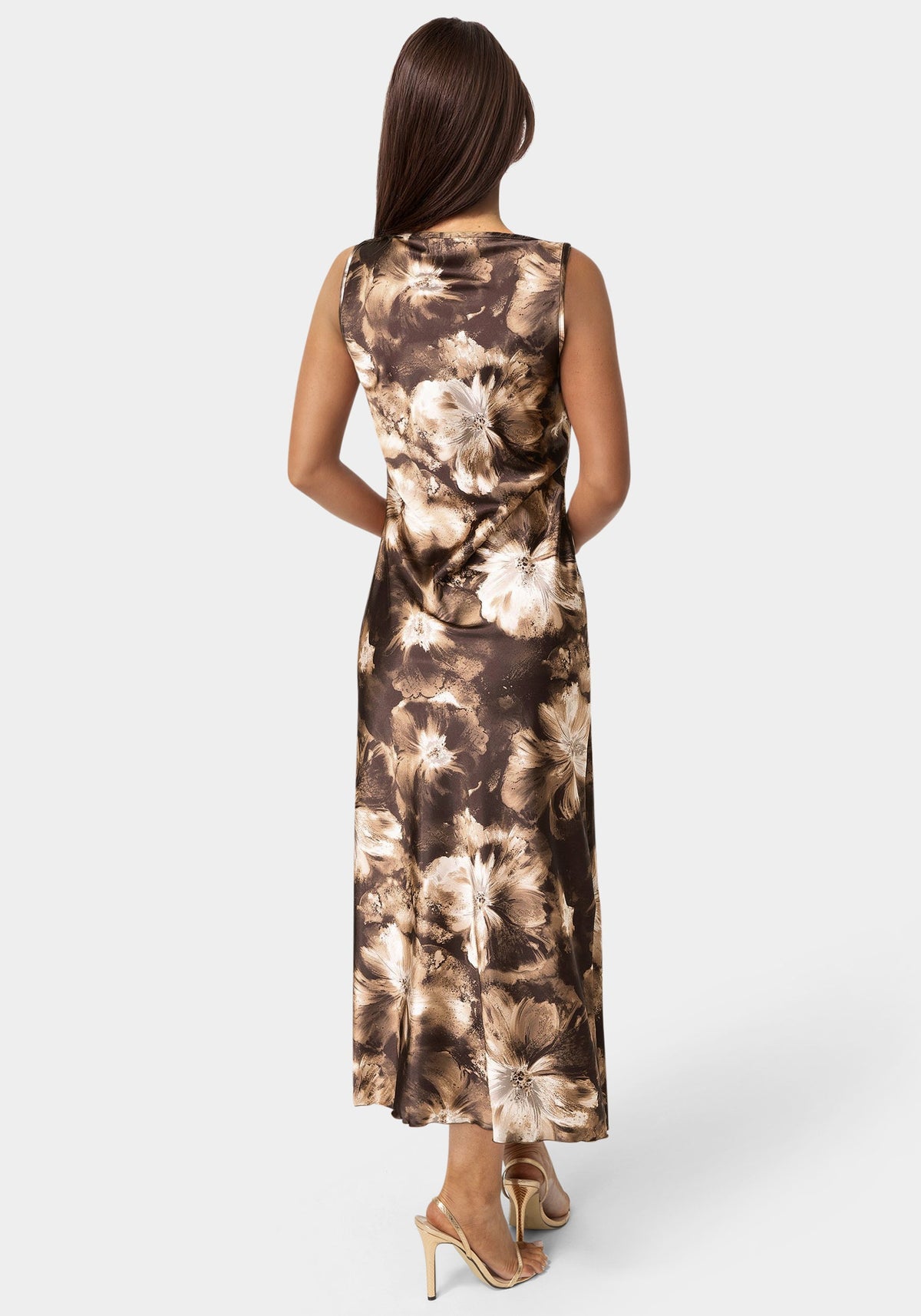 Satin Sleeveless A-Line Maxi Dress Brown/Multi - bebe