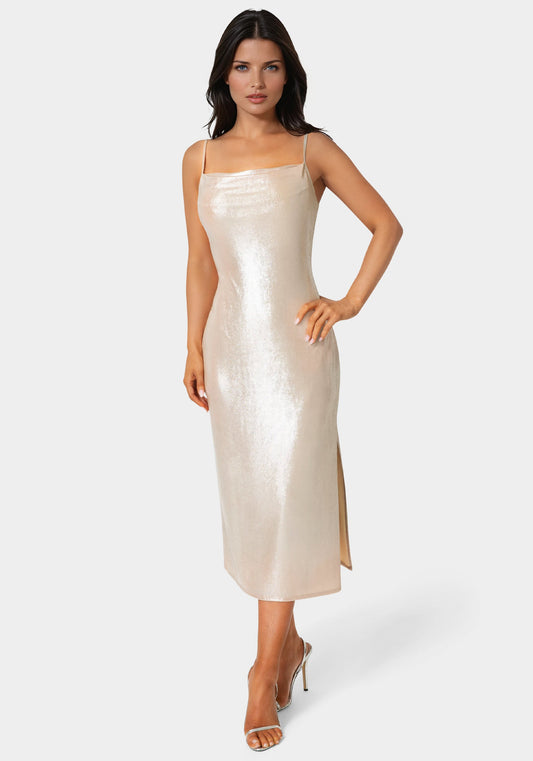 Foil Metallic Slinky Cowl Maxi Dress Nude/Silver - bebe