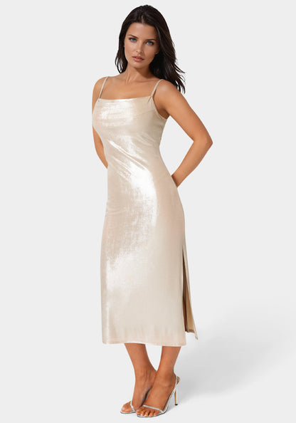 Foil Metallic Slinky Cowl Maxi Dress Nude/Silver - bebe