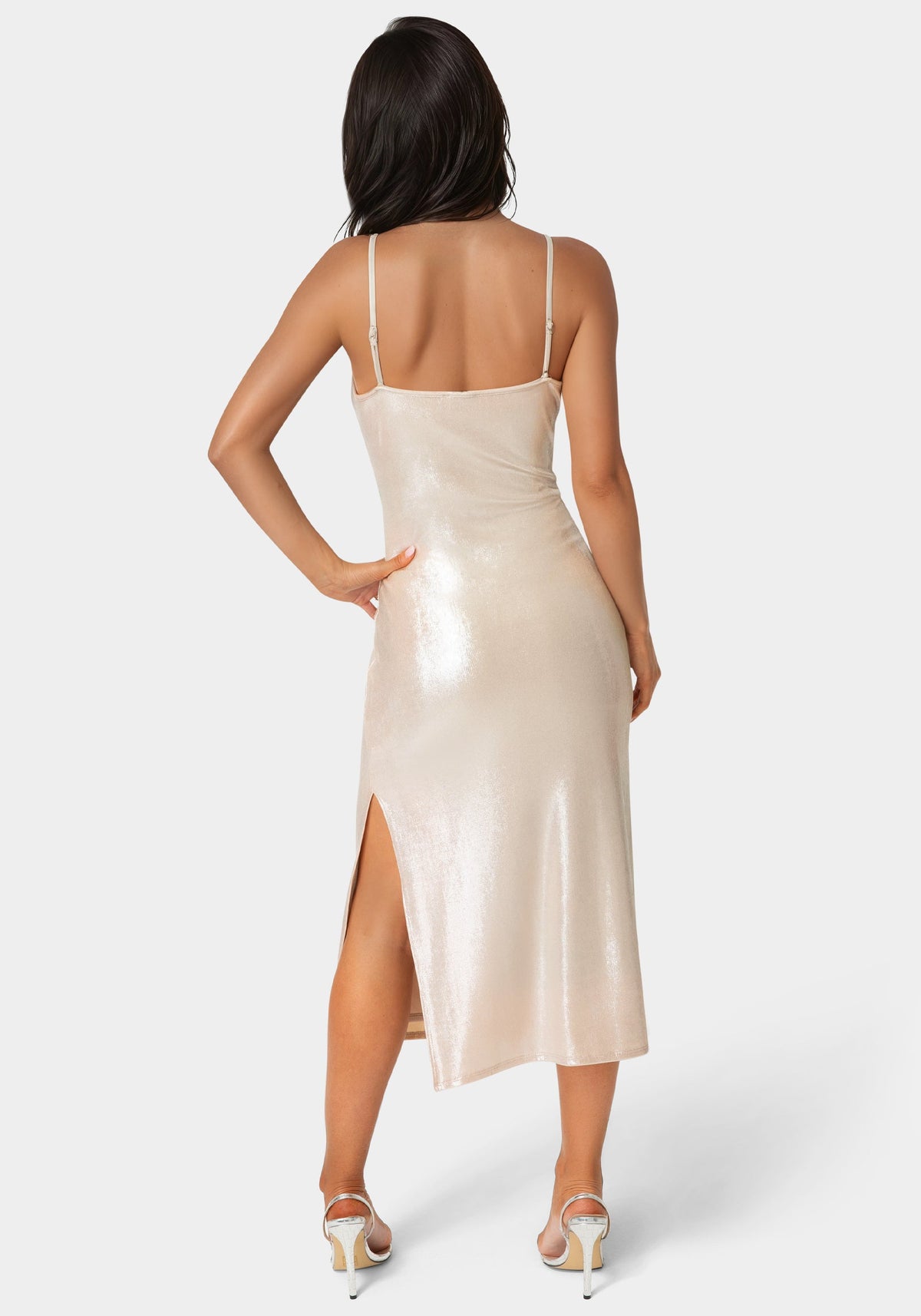 Foil Metallic Slinky Cowl Maxi Dress Nude/Silver - bebe