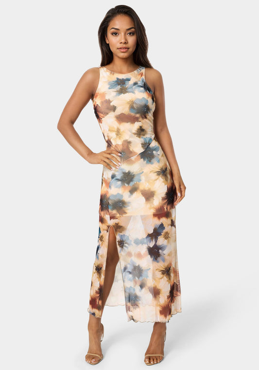 Printed Powermesh Side Shirred Maxi Dress Tan - bebe