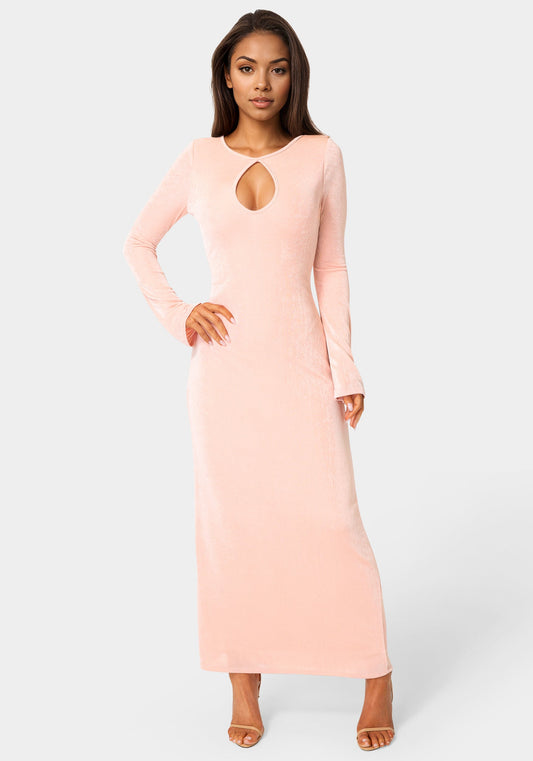 Long Sleeve Open Neck Slinky Maxi Dress Rose - bebe