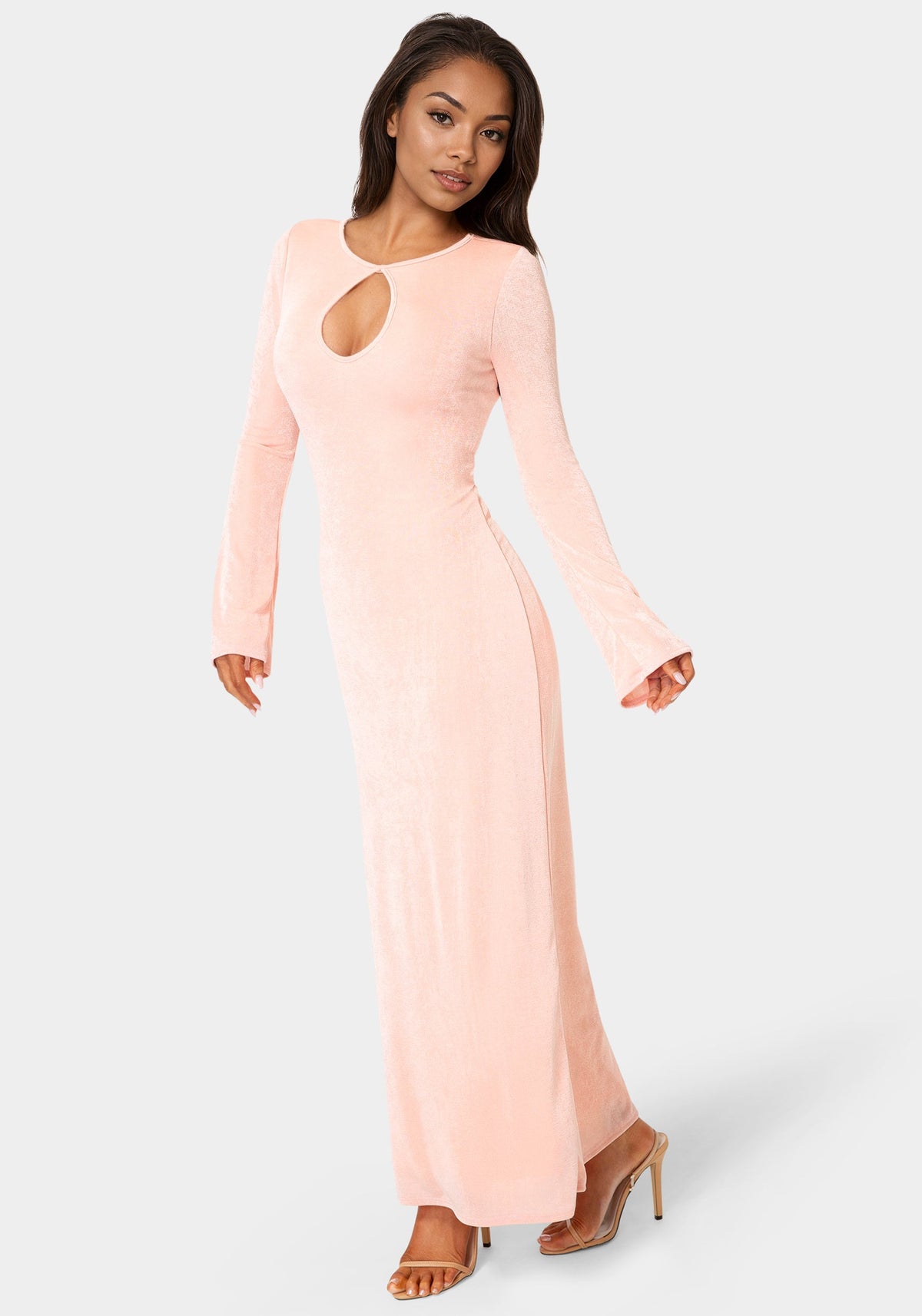 Long Sleeve Open Neck Slinky Maxi Dress Rose - bebe