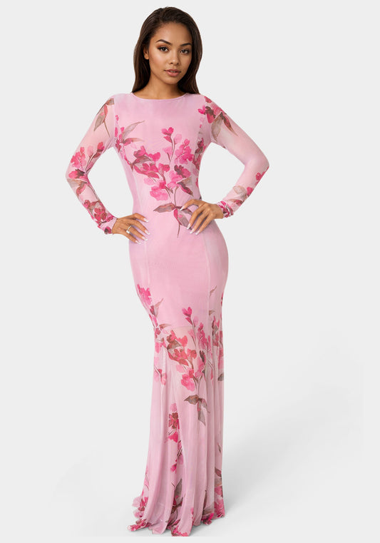 Long Sleeve Powermesh Dress Pink Multi - bebe