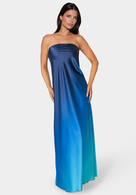 Ombre Satin Strapless Maxi Dress Blue Multi - bebe