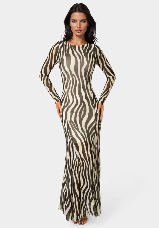 Long Sleeve Powermesh Dress Chocolate - bebe