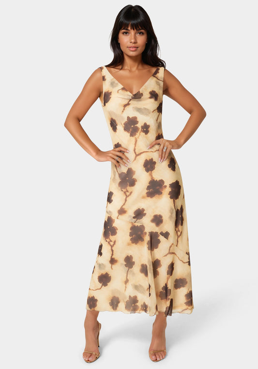 Printed Chiffon Cowl Maxi Dress Brown Multi - bebe