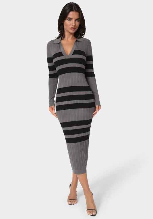 Long Sleeve Collared Striped Knit Dress Charcoal - bebe