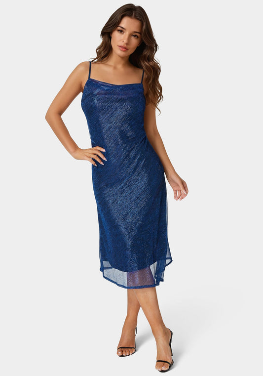 Pleated Cowl Neck Midi Dress Royal - bebe  - bebe