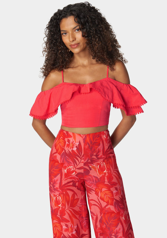 Tie Back Ruffle Trim Detail Top Hibiscus - bebe