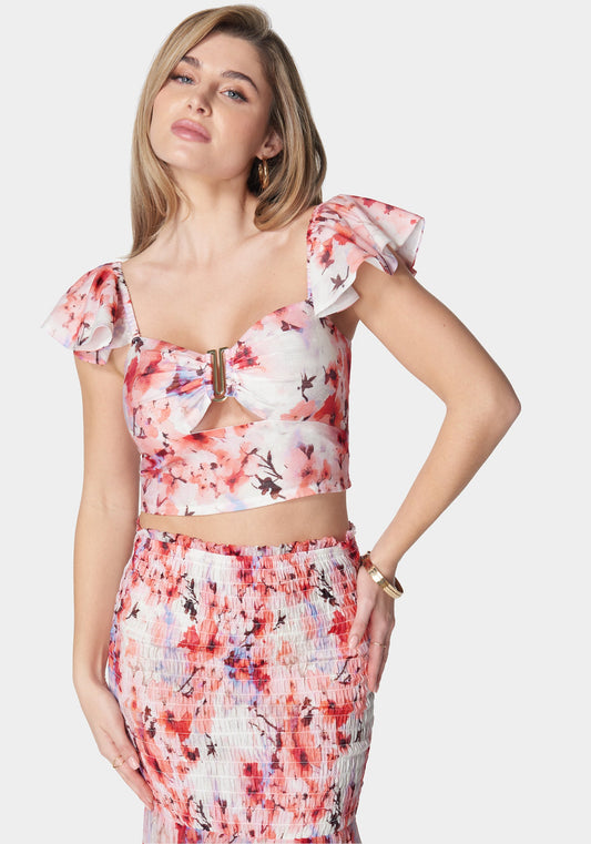 Ruffle Sleeve Metal Trim Printed Top River Blossom Print - bebe