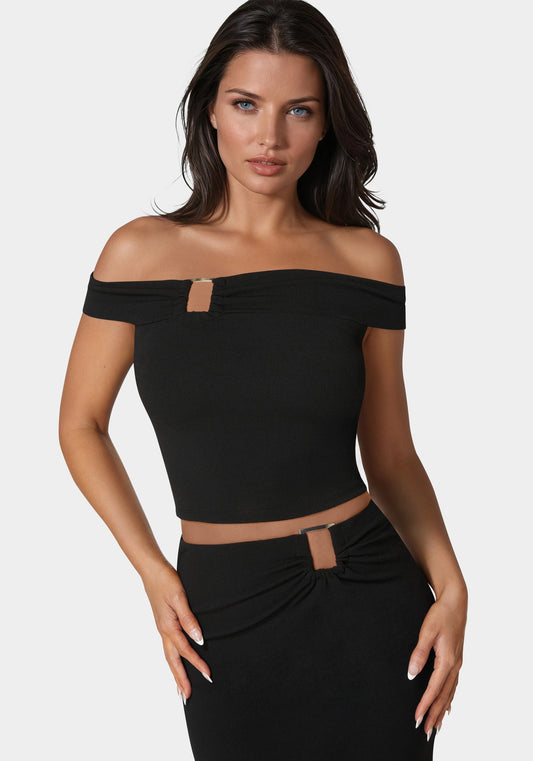 Off Shoulder Metal Trim Top And Skirt Black - bebe
