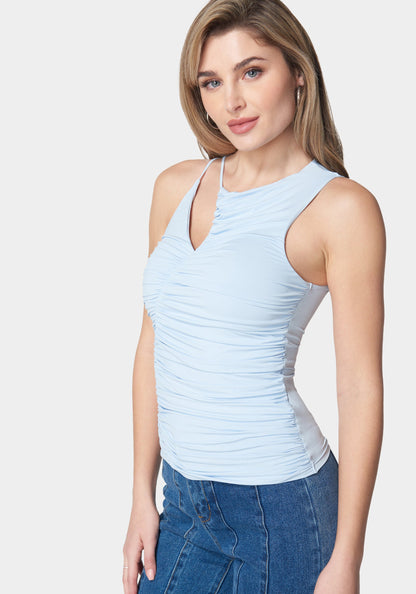 Slit Front Ruched Top Chambray Blue - bebe Chambray Blue - bebe