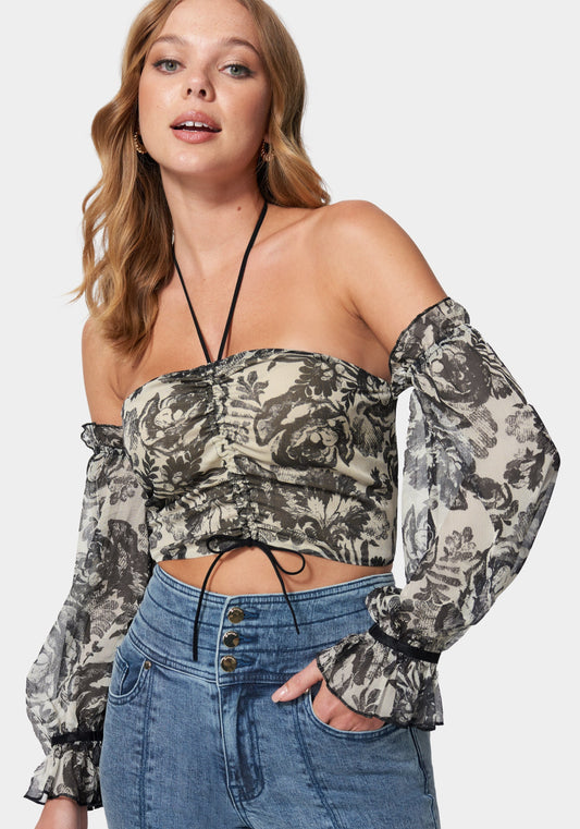 Cropped Puff Sleeve Cinched Blouse Print - bebe