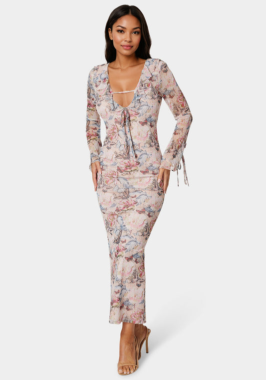 Ruffle Detail Mesh Maxi Dress Pink - bebe