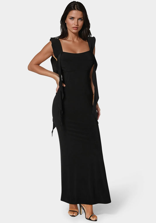 Cascade Ruffle Knit Slip Maxi Dress Black - bebe