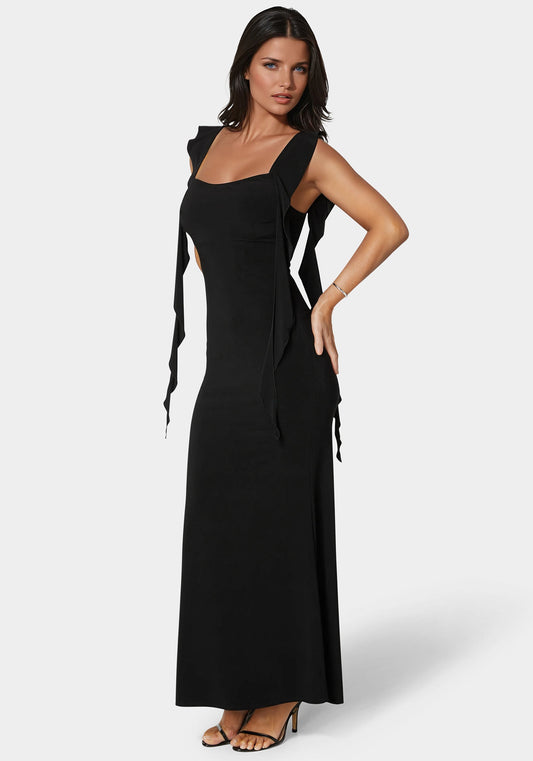 Cascade Ruffle Knit Slip Maxi Dress Black - bebe
