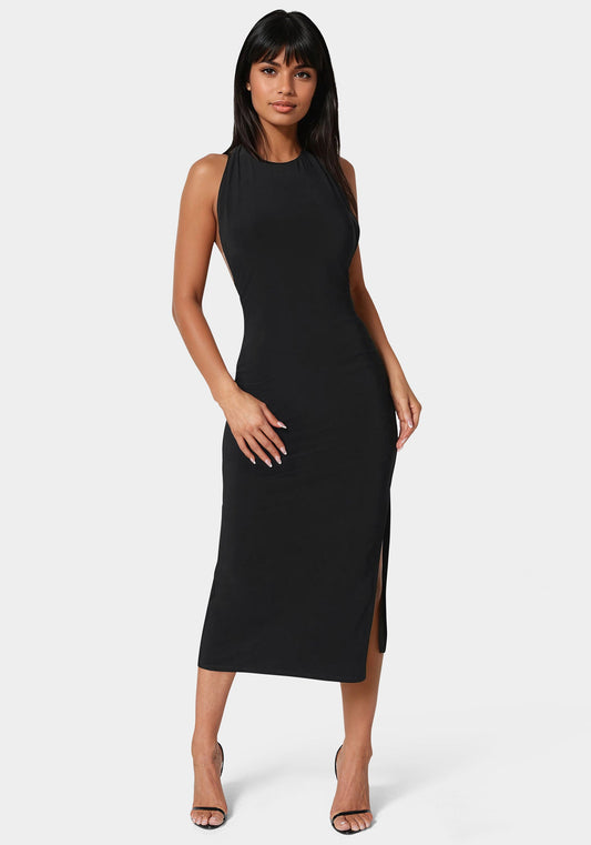 High Neck Cowl Maxi With Slit Dress Black - bebe