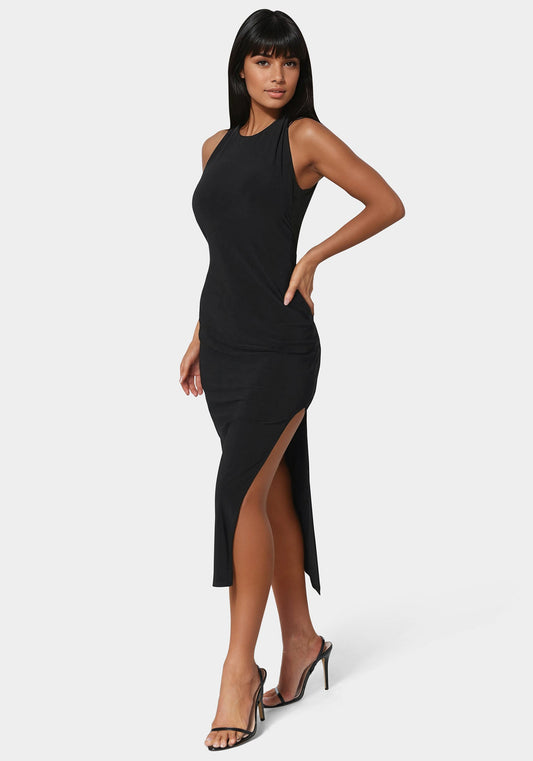 High Neck Cowl Maxi With Slit Dress Black - bebe