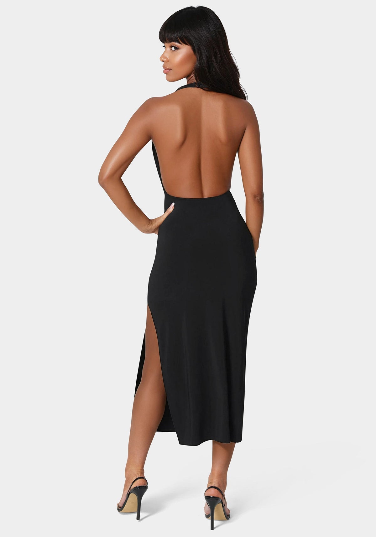 High Neck Cowl Maxi With Slit Dress Black - bebe