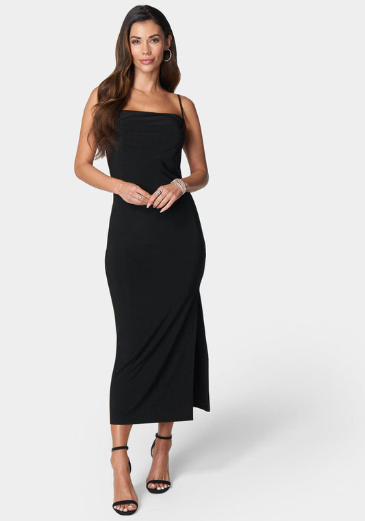Cowl Neck Spaghetti Strap Slit Maxi Black - bebe Black - bebe