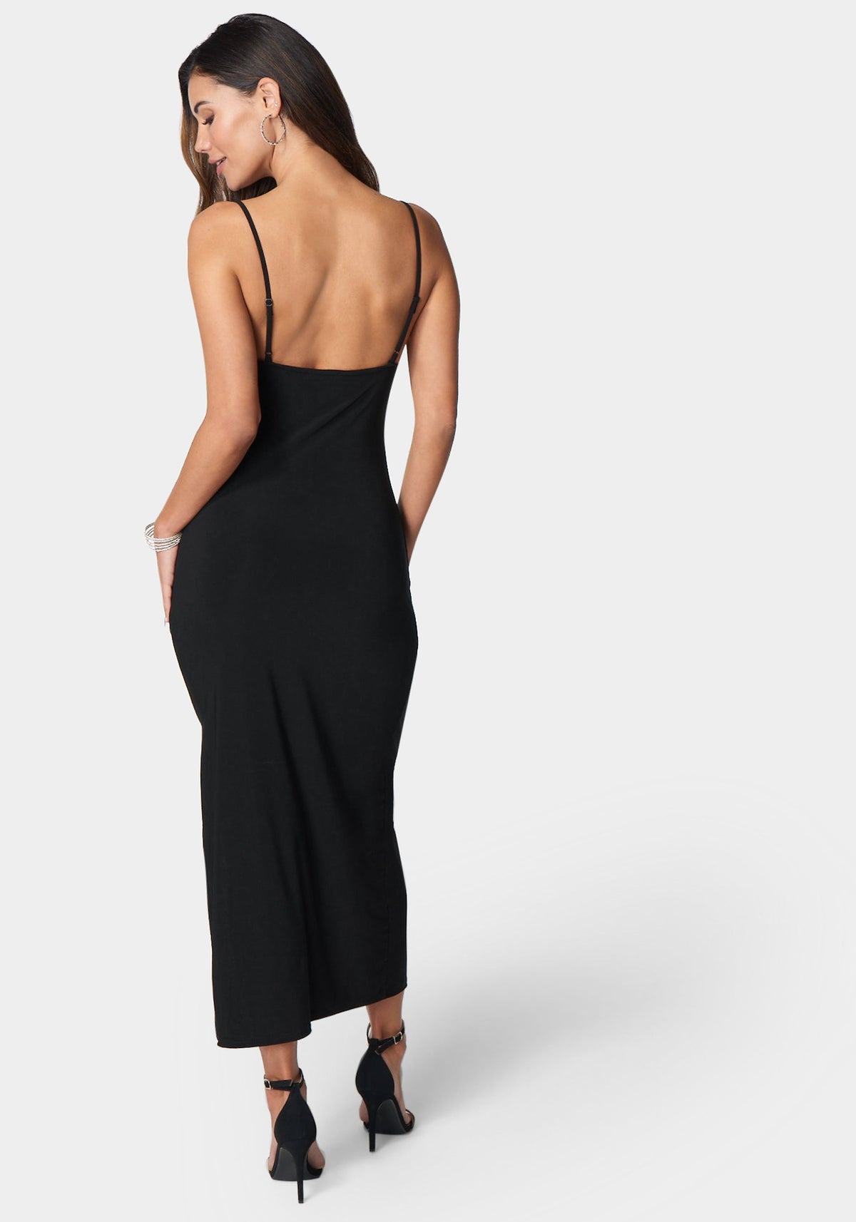 Cowl Neck Spaghetti Strap Slit Maxi Black - bebe Black - bebe