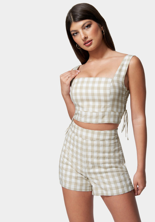 Gingham Cropped Lace Up Detail Top White Alyssum/Frappe - bebe