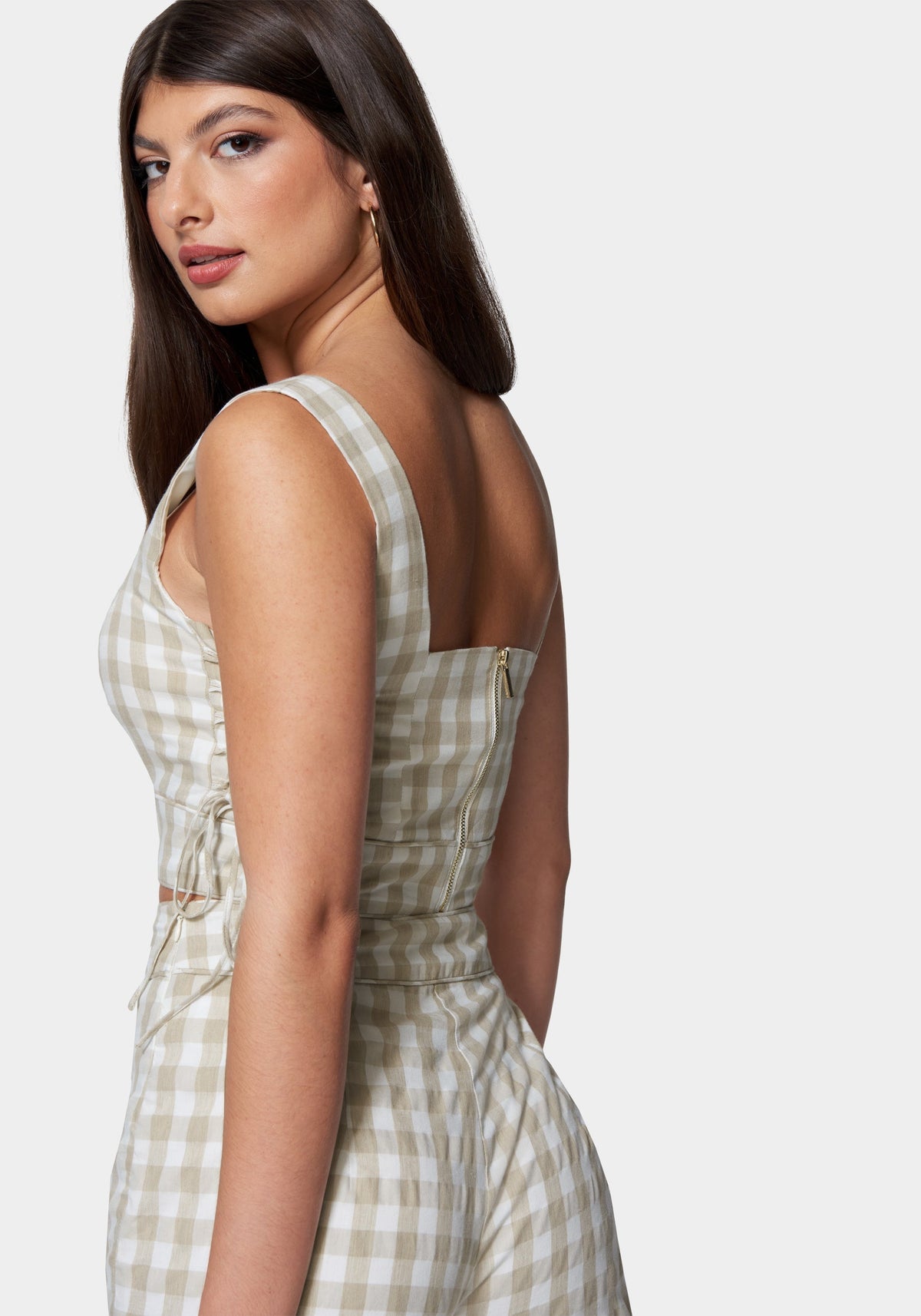 Gingham Cropped Lace Up Detail Top White Alyssum/Frappe - bebe