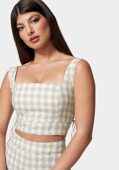 Gingham Cropped Lace Up Detail Top White Alyssum/Frappe - bebe