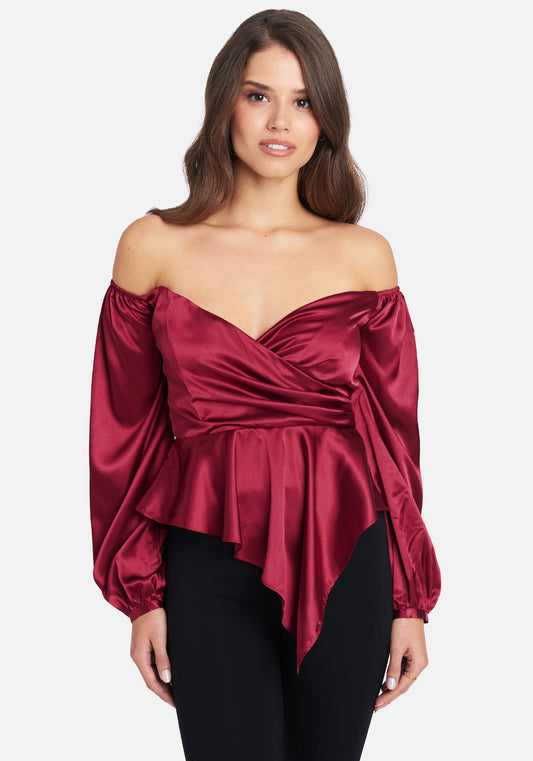 Asymmetrical Peplum Hammered Satin Blouse Rhubarb - bebe