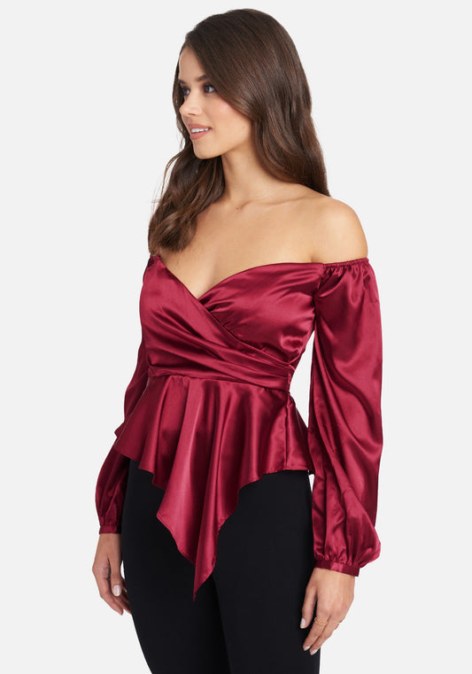 Asymmetrical Peplum Hammered Satin Blouse Rhubarb - bebe