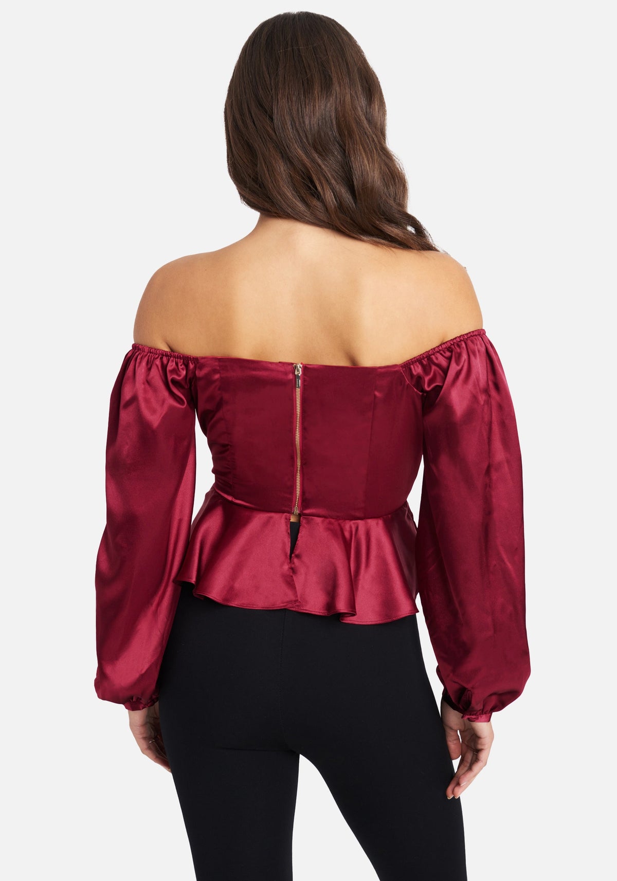 Asymmetrical Peplum Hammered Satin Blouse Rhubarb - bebe